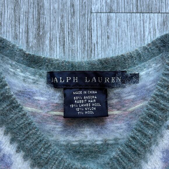 Ralph Lauren Sage Green Fair Isle Rabbits Hair/Lambs Wool Cardigan Size Small - Picture 7 of 8